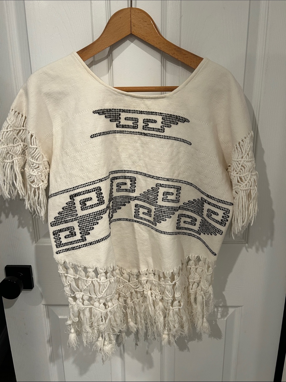 Boho Cream Fringe Top with Black Geometric Pattern